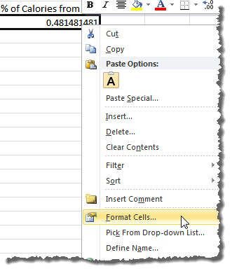 Right click cell and select Format cell